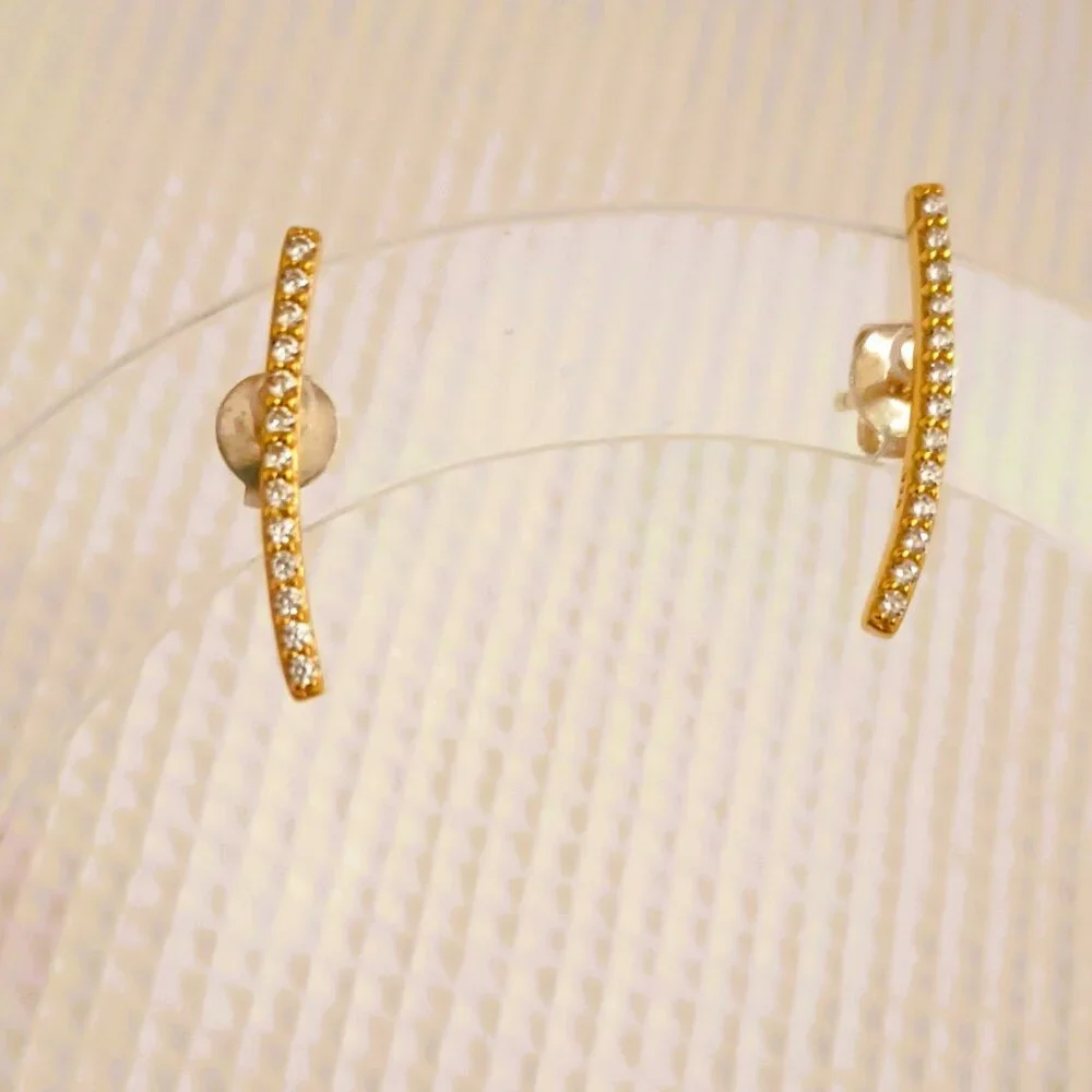 925 Skinny Bar CZ Earrings Sterling Silver Minimalist Curved Pave Stud Jewelry